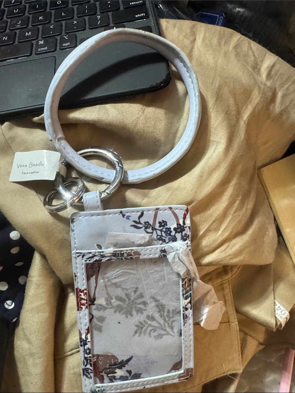 Vera Bradley White Floral Wristlet ID Key Ring
